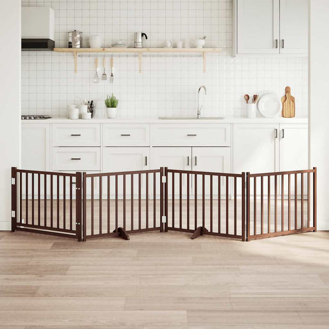 hundelåge m. dør 4 paneler 320 cm foldbar massivt gran brunt eg