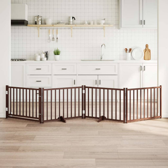 hundelåge m. dør 4 paneler 320 cm foldbar massivt gran brunt eg