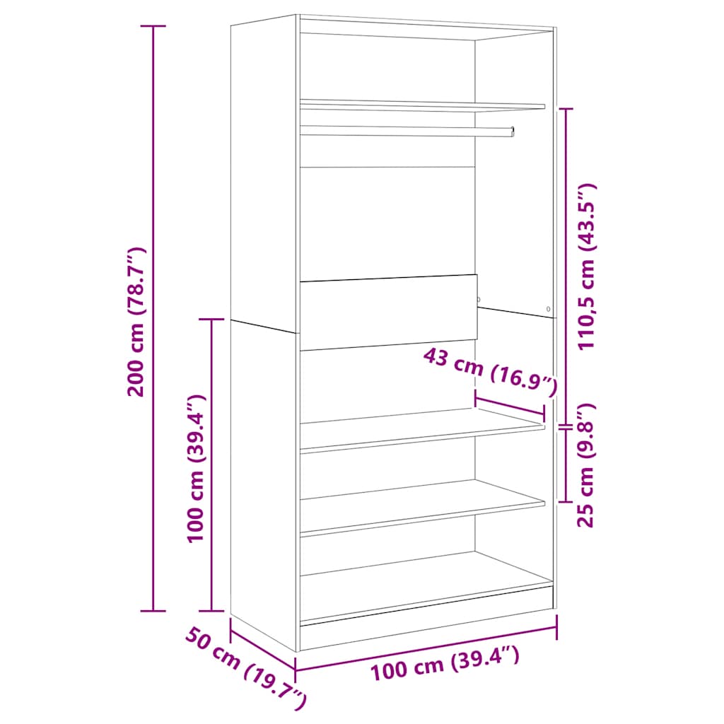 klædeskab 100x50x200 cm konstrueret træ grå sonoma-eg