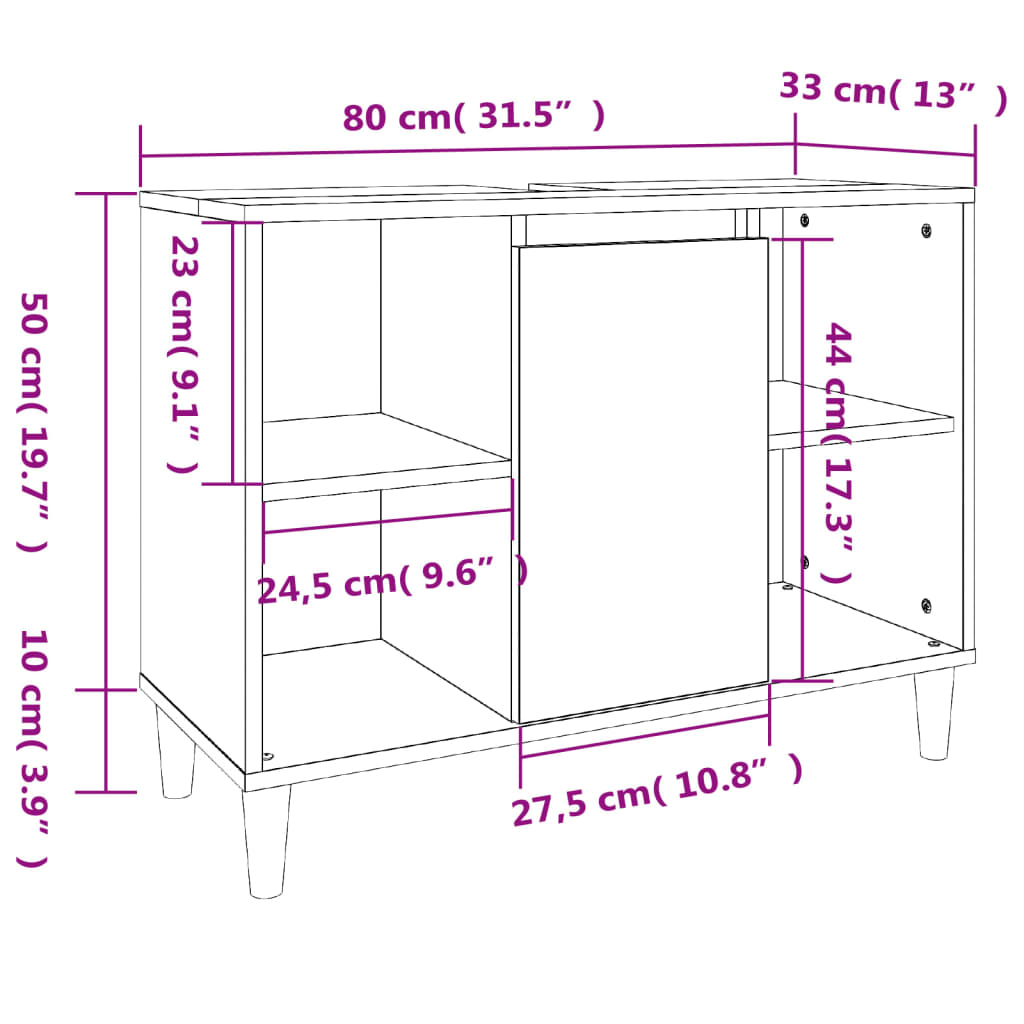 skab til håndvask 80x33x60 cm konstrueret træ grå sonoma-eg