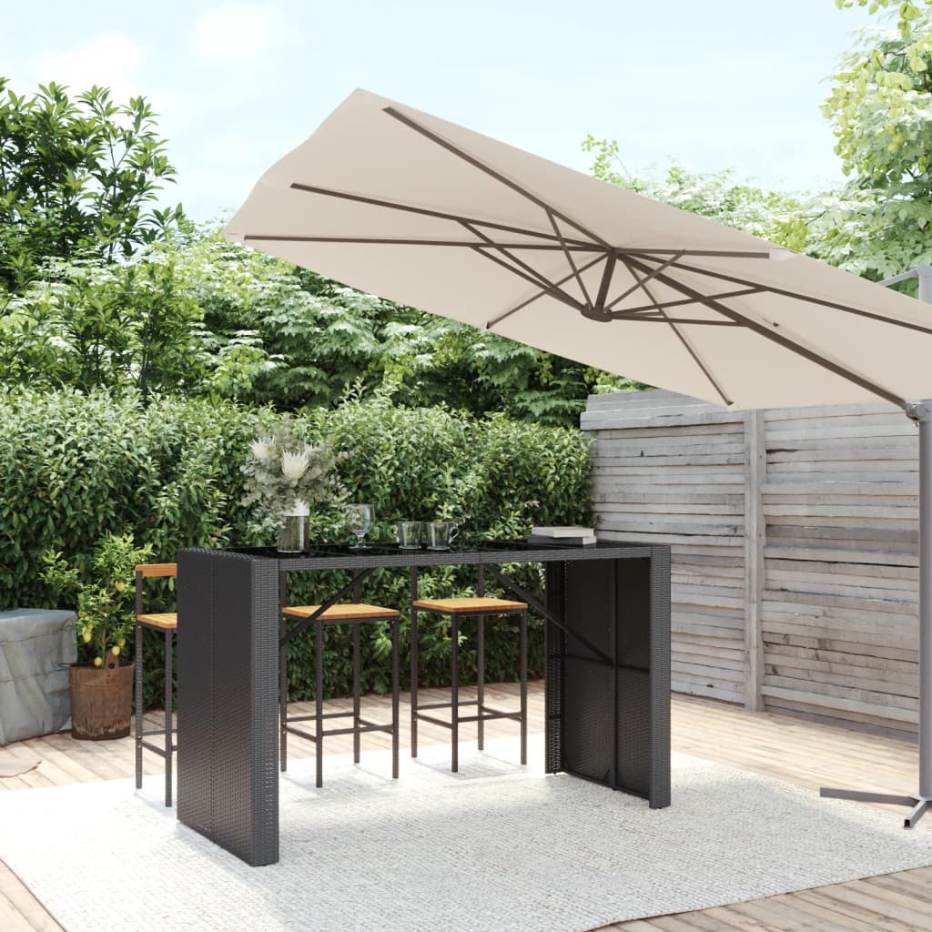 Barbord med glasplade 185×80×110 cm - polyrattan, sort
