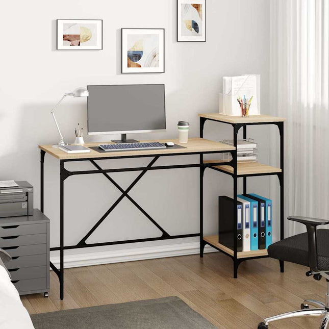 skrivebord m. hylder 135x50x90cm konstrueret træ jern sonoma-eg