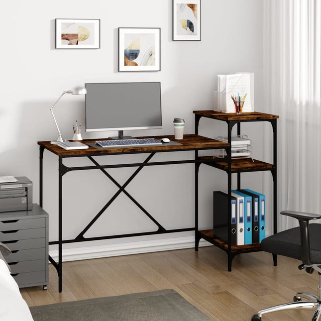 skrivebord m. hylder 135x50x90 cm konstrueret træ jern røget eg