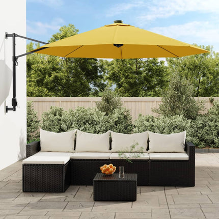 væghængt parasol med LED-lys 290 cm gul