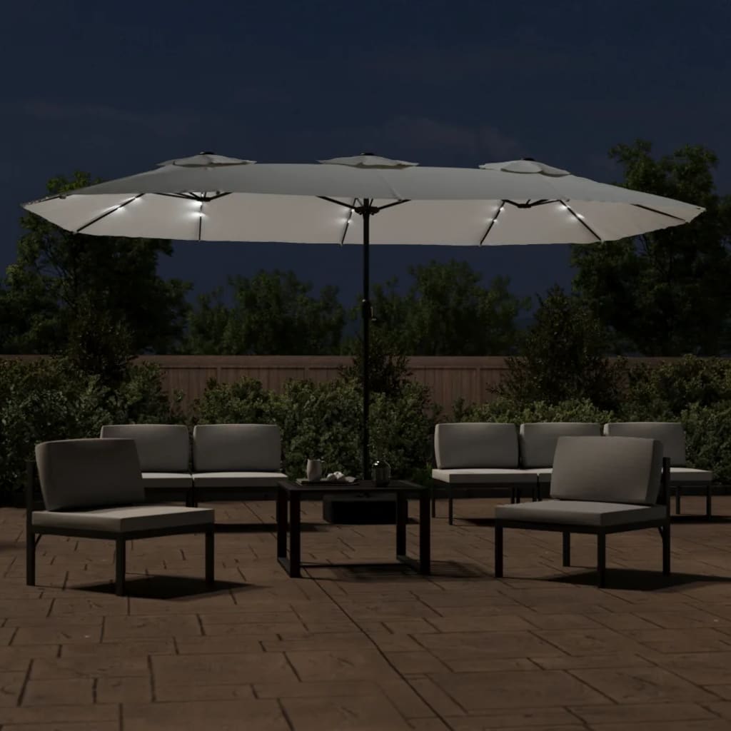 parasol med dobbelt parasoldug og LED-lys 449x265 cm sandhvid