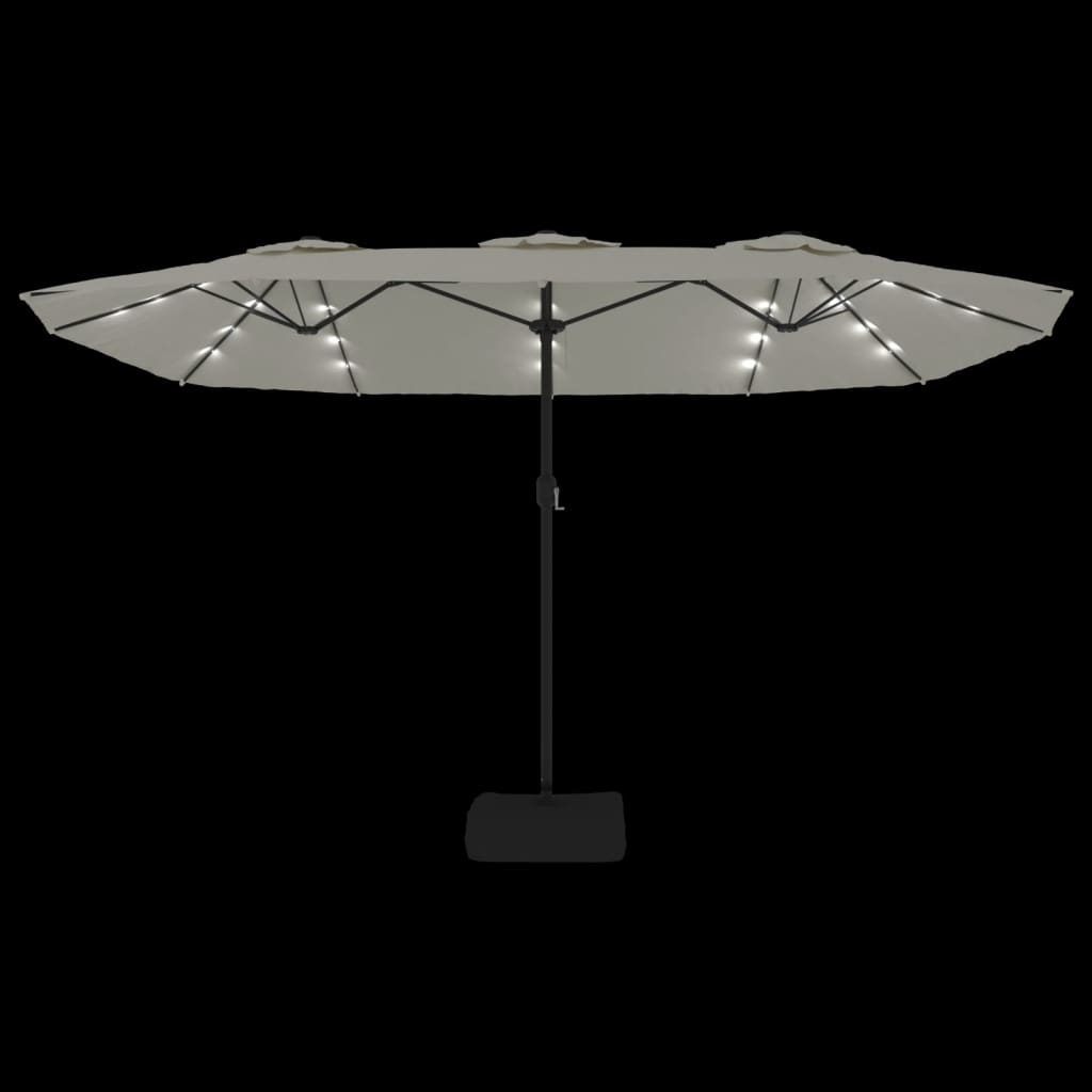 parasol med dobbelt parasoldug og LED-lys 449x265 cm sandhvid