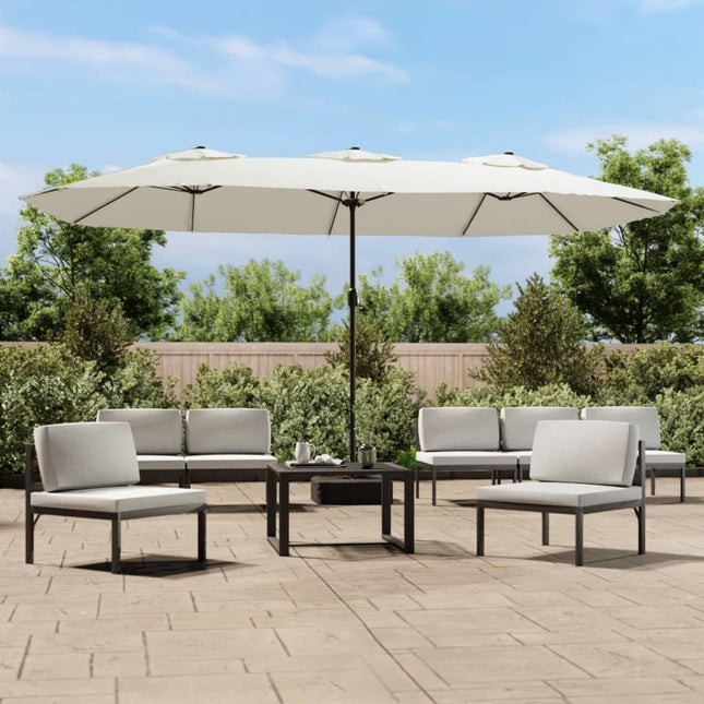 parasol med dobbelt parasoldug og LED-lys 449x265 cm sandhvid
