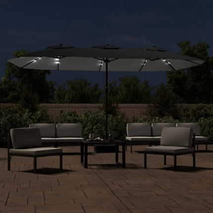 parasol m. dobbelt parasoldug og LED-lys 449x265 cm antracitgrå