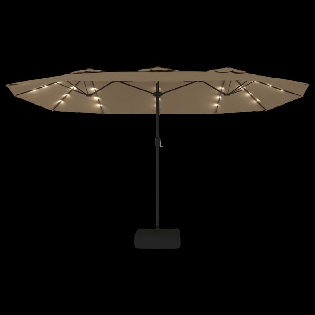 parasol med dobbelt parasoldug og LED-lys 449x265 cm gråbrun