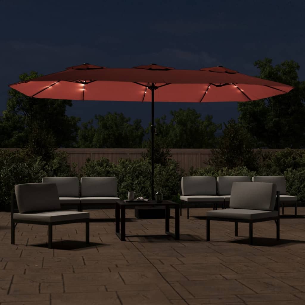 parasol med dobbelt parasoldug og LED-lys 449x265 cm terrakotta