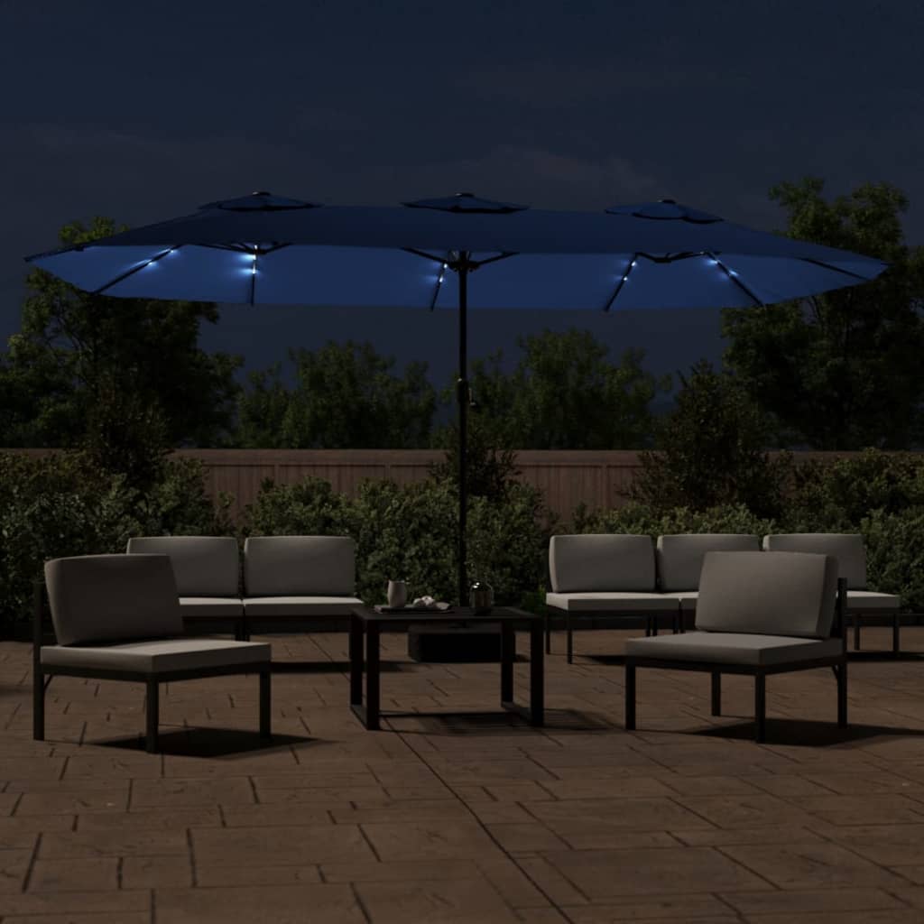 parasol med dobbelt parasoldug og LED-lys 449x265 cm azurblå