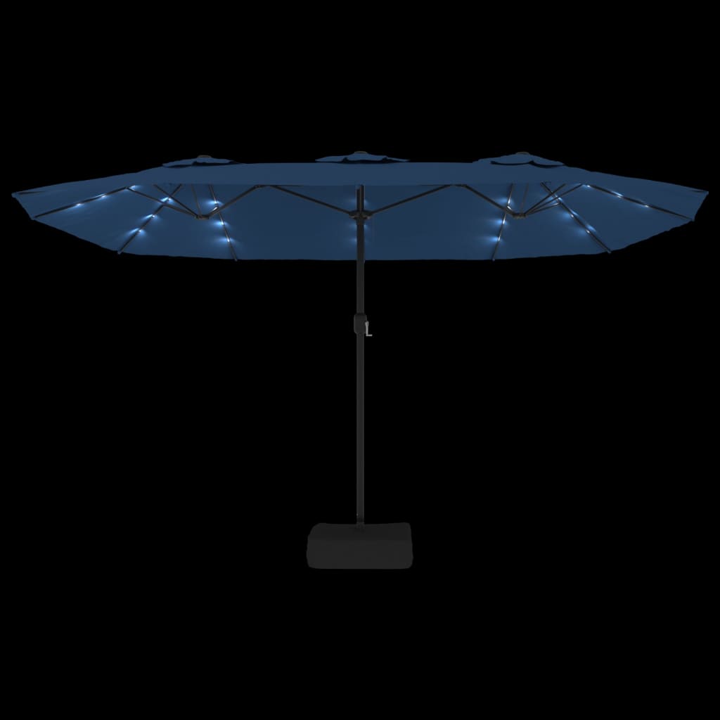parasol med dobbelt parasoldug og LED-lys 449x265 cm azurblå