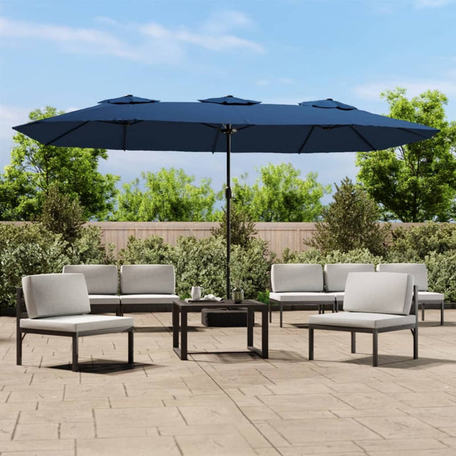 parasol med dobbelt parasoldug og LED-lys 449x265 cm azurblå