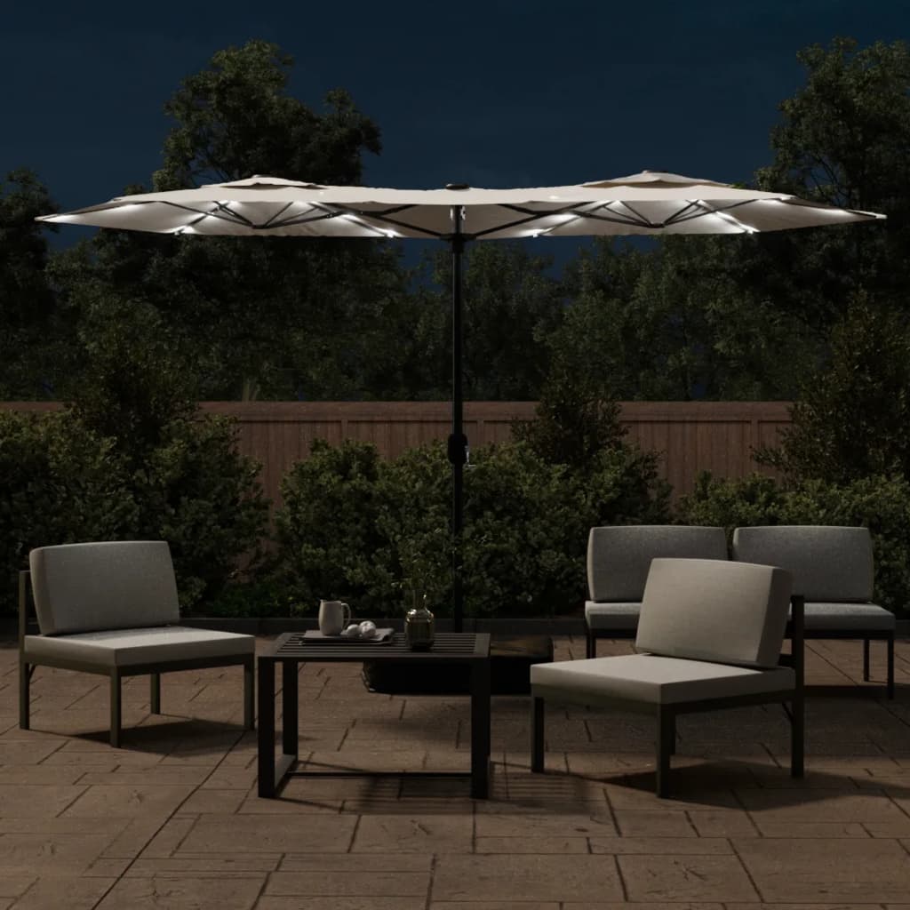 parasol med dobbelt parasoldug og LED-lys 316x145 cm sandhvid