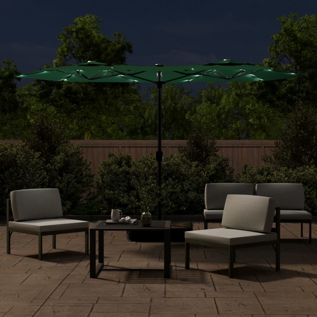 parasol med dobbelt parasoldug og LED-lys 316x145 cm grøn