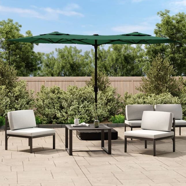 parasol med dobbelt parasoldug og LED-lys 316x145 cm grøn