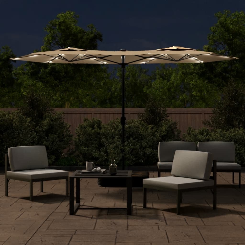 parasol med dobbelt parasoldug og LED-lys 316x145 cm gråbrun