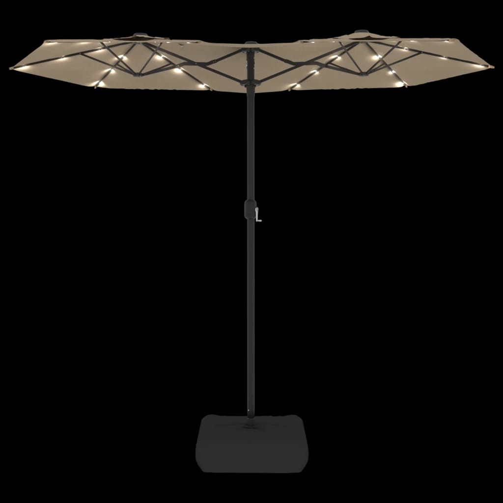 parasol med dobbelt parasoldug og LED-lys 316x145 cm gråbrun