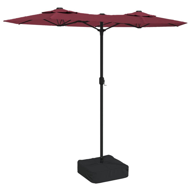 parasol m. dobbelt parasoldug og LED-lys 316x145 cm bordeauxrød