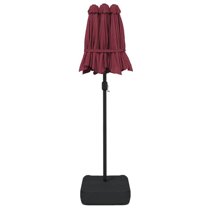 parasol m. dobbelt parasoldug og LED-lys 316x145 cm bordeauxrød