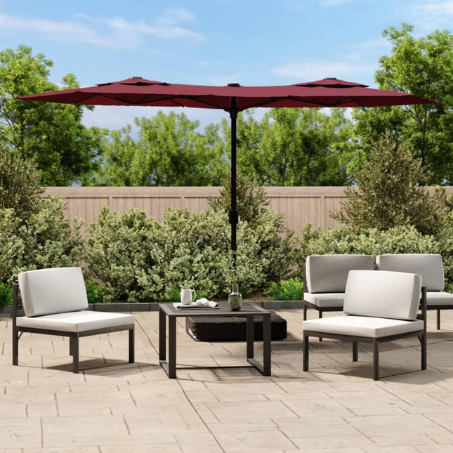 parasol m. dobbelt parasoldug og LED-lys 316x145 cm bordeauxrød