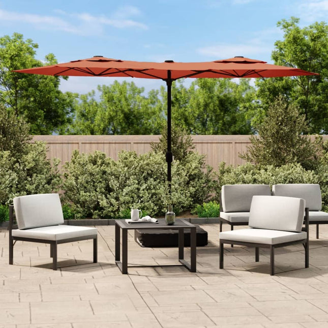 parasol m. dobbelt parasoldug og LED-lys 316x145 cm terrakotta