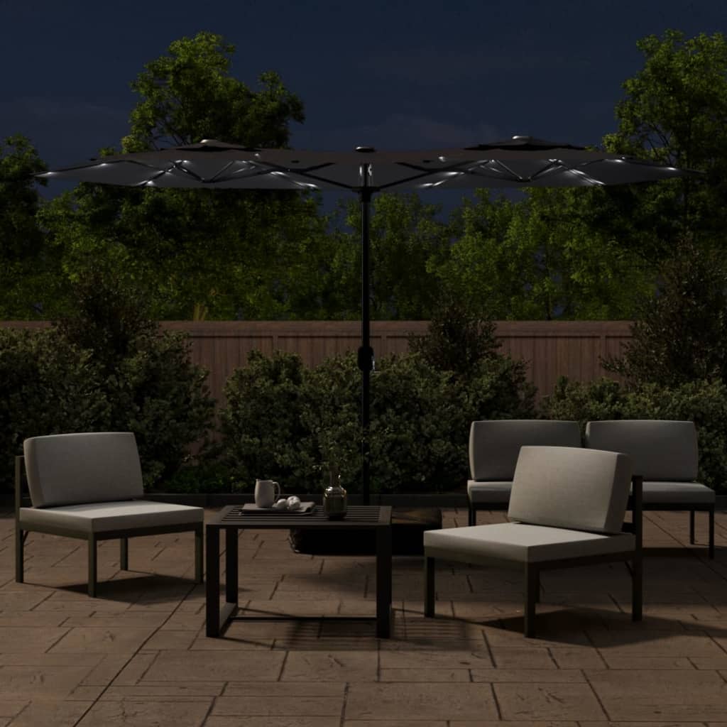 parasol med dobbelt parasoldug og LED-lys 316x145 cm sort
