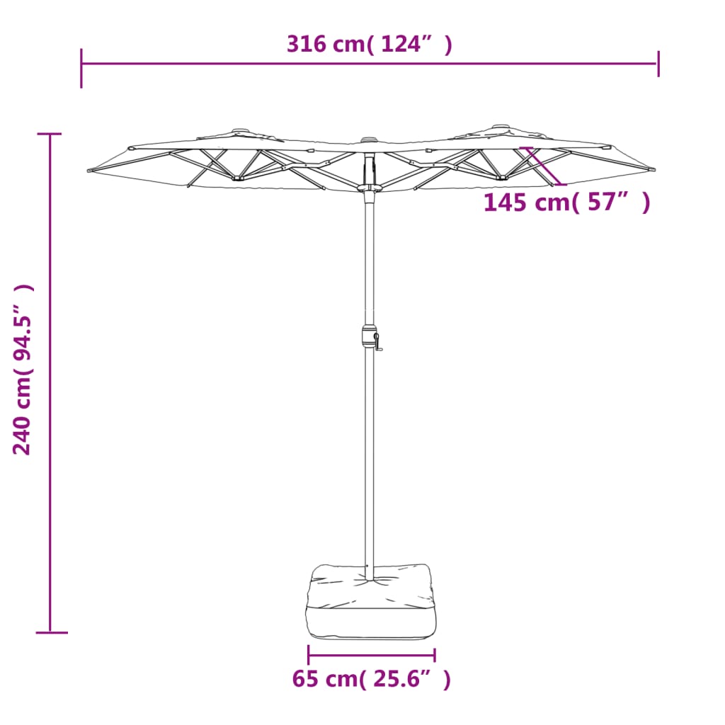 parasol med dobbelt parasoldug og LED-lys 316x145 cm sort
