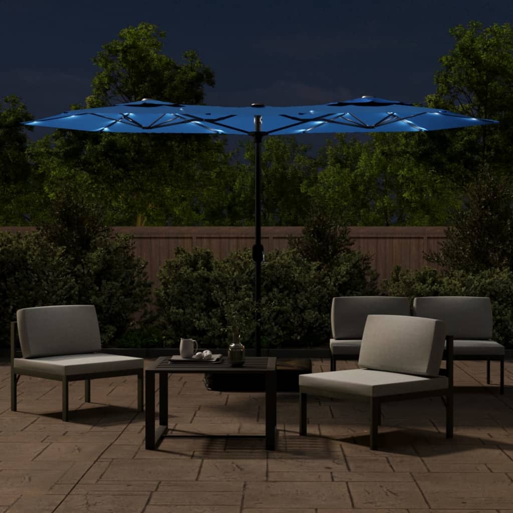 parasol med dobbelt parasoldug og LED-lys 316x145 cm azurblå