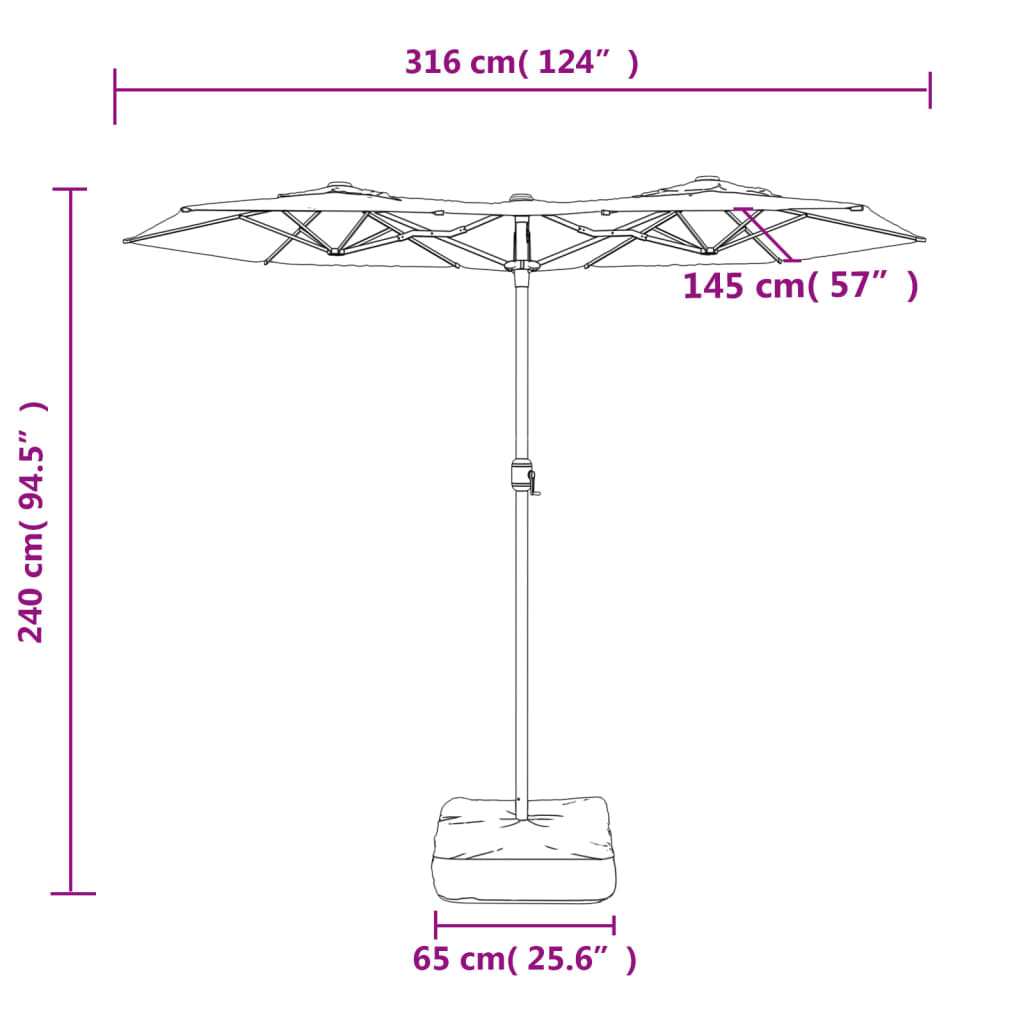 parasol med dobbelt parasoldug og LED-lys 316x145 cm azurblå