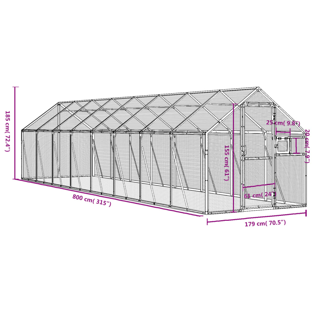 voliere 1,79x8x1,85 m aluminium sølvfarvet