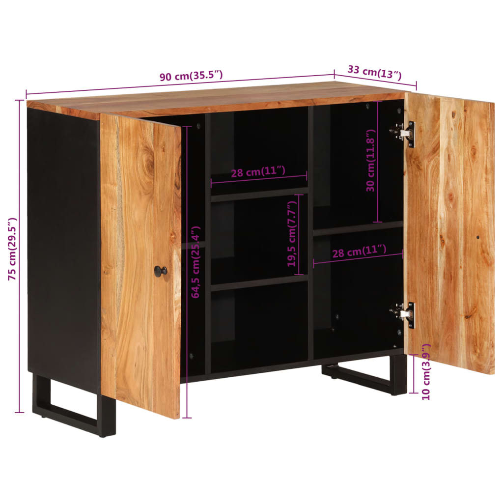 skænk med 2 låger 90x33x75 cm massivt akacietræ