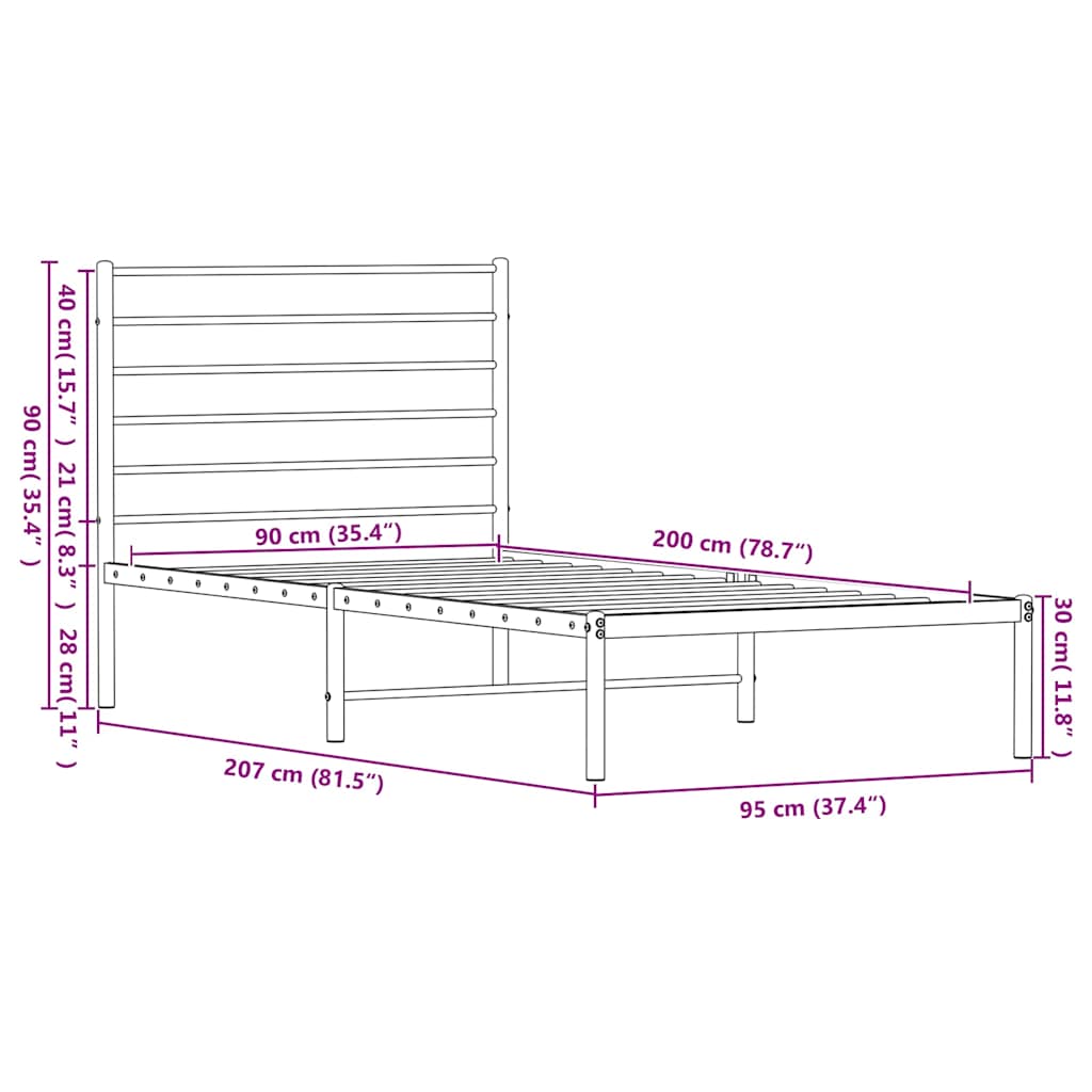 sengeramme med sengegavl 90x200 cm metal sort