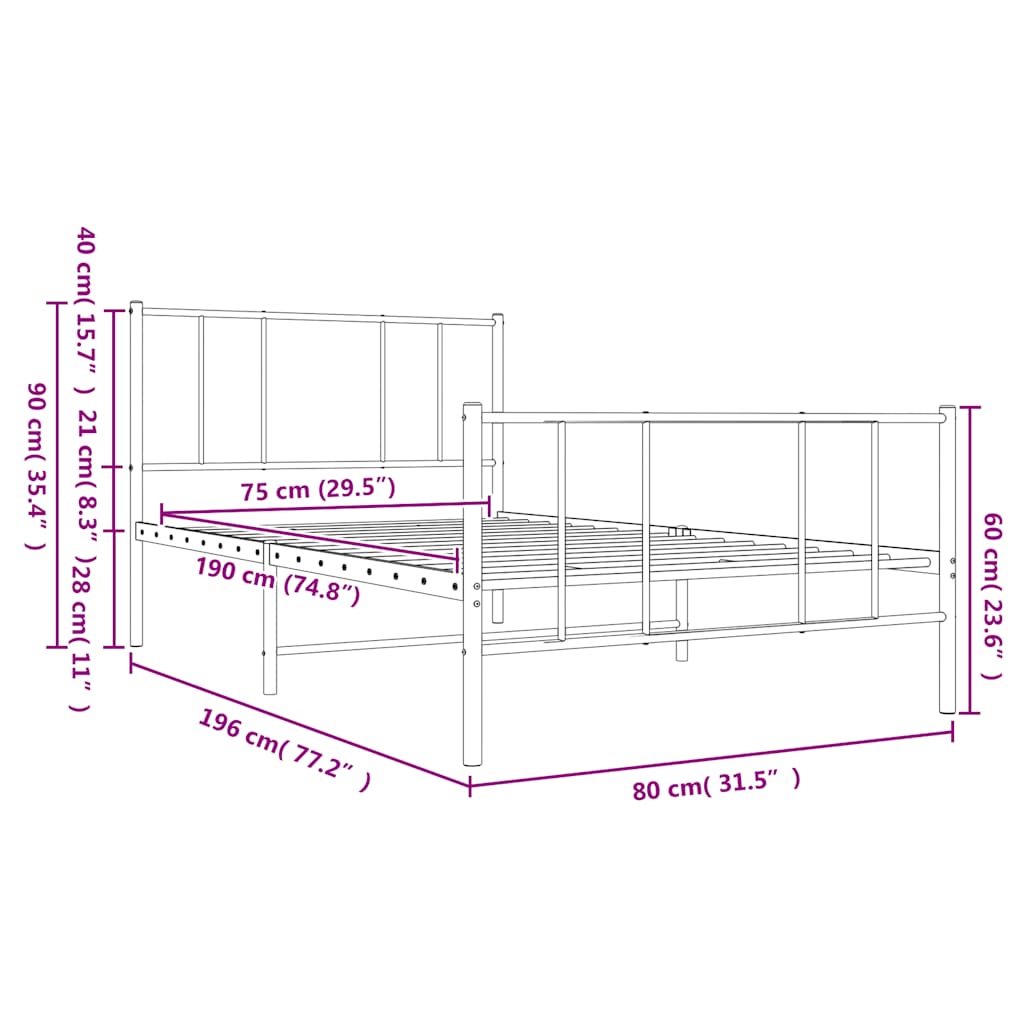 sengeramme med sengegavl og fodgærde 75x190 cm metal sort