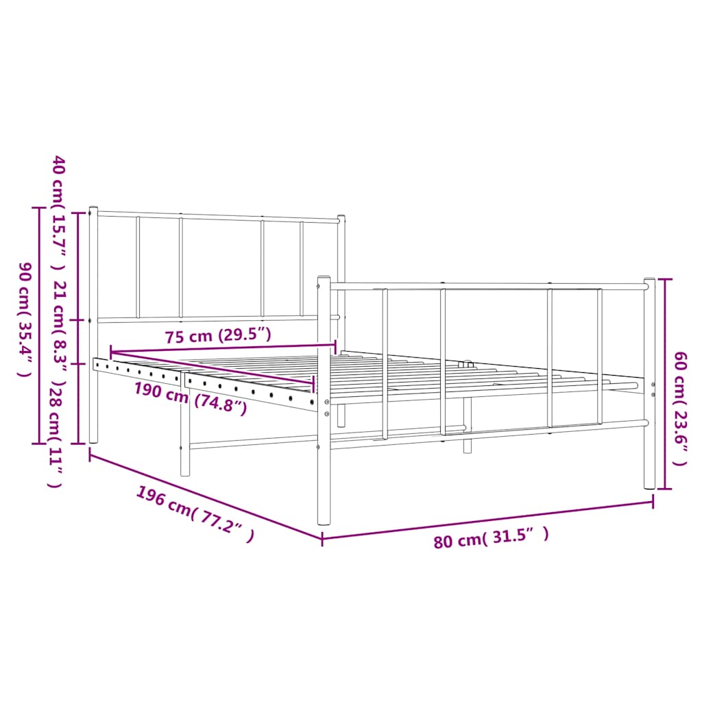 sengeramme med sengegavl og fodgærde 75x190 cm metal hvid
