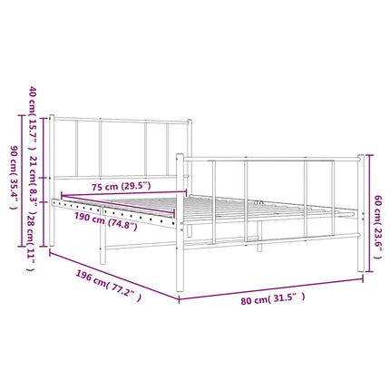 sengeramme med sengegavl og fodgærde 75x190 cm metal hvid