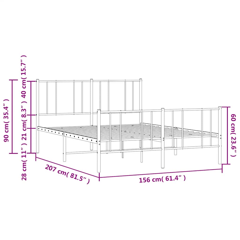 sengeramme med sengegavl og fodgærde 150x200 cm metal hvid