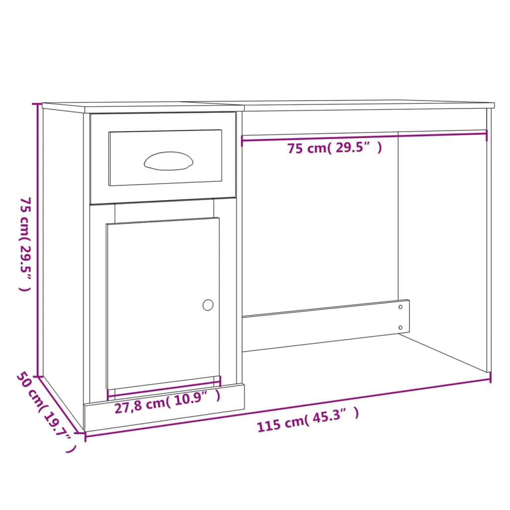 skrivebord m. skuffer 115x50x75 cm konstrueret træ sonoma-eg