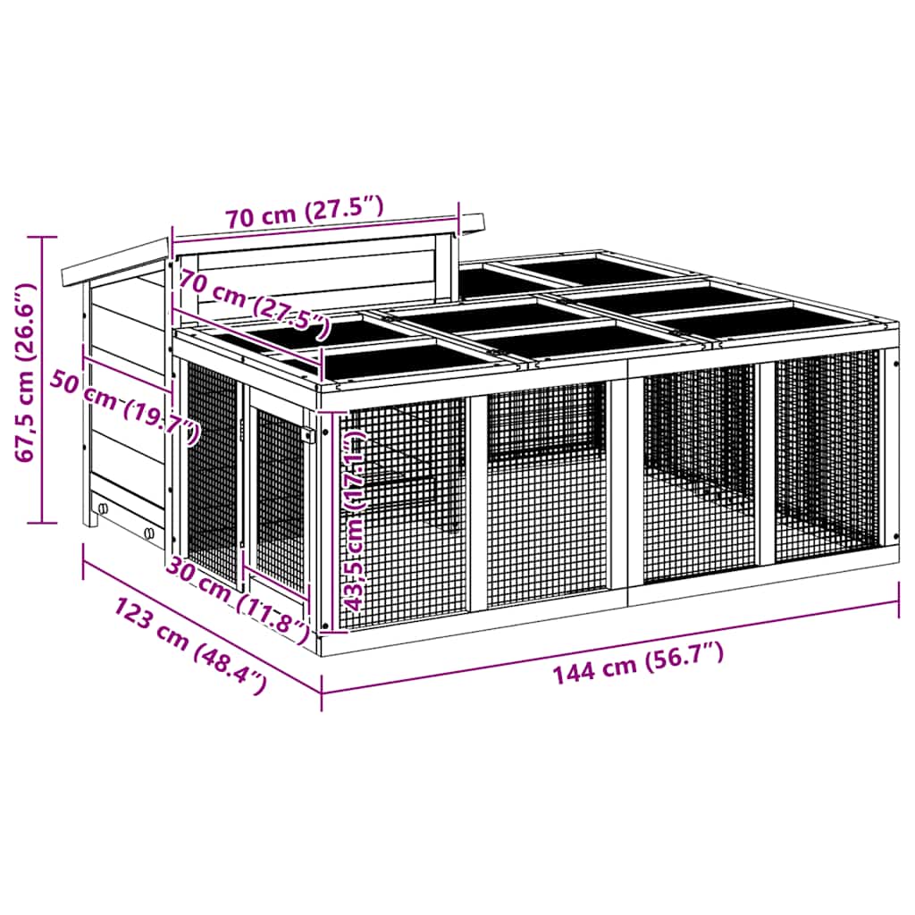 kaninbur 144x123x67,5 cm massivt fyrretræ mokkafarvet