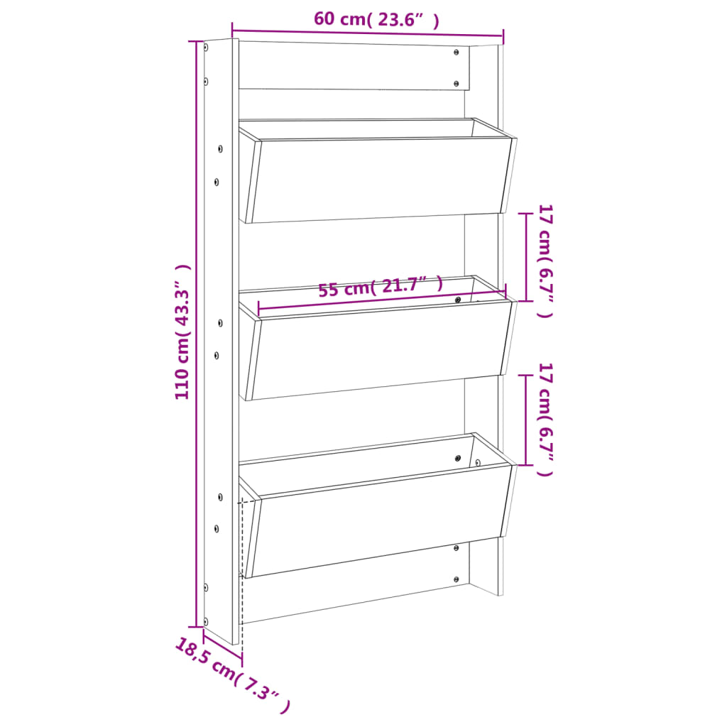 plantevæg 60x18,5x110 cm 3 niveauer massivt fyrretræ sort