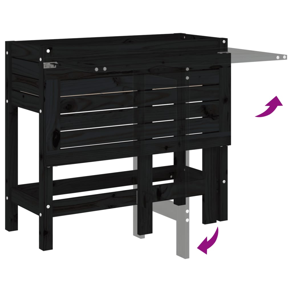 plantekasse med foldbar bordplade massivt fyrretræ sort