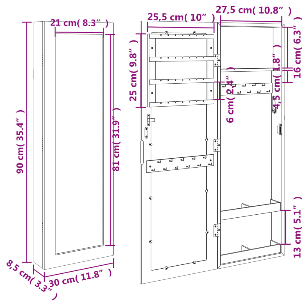 væghængt smykkeskab med spejl 30x8,5x90 cm hvid