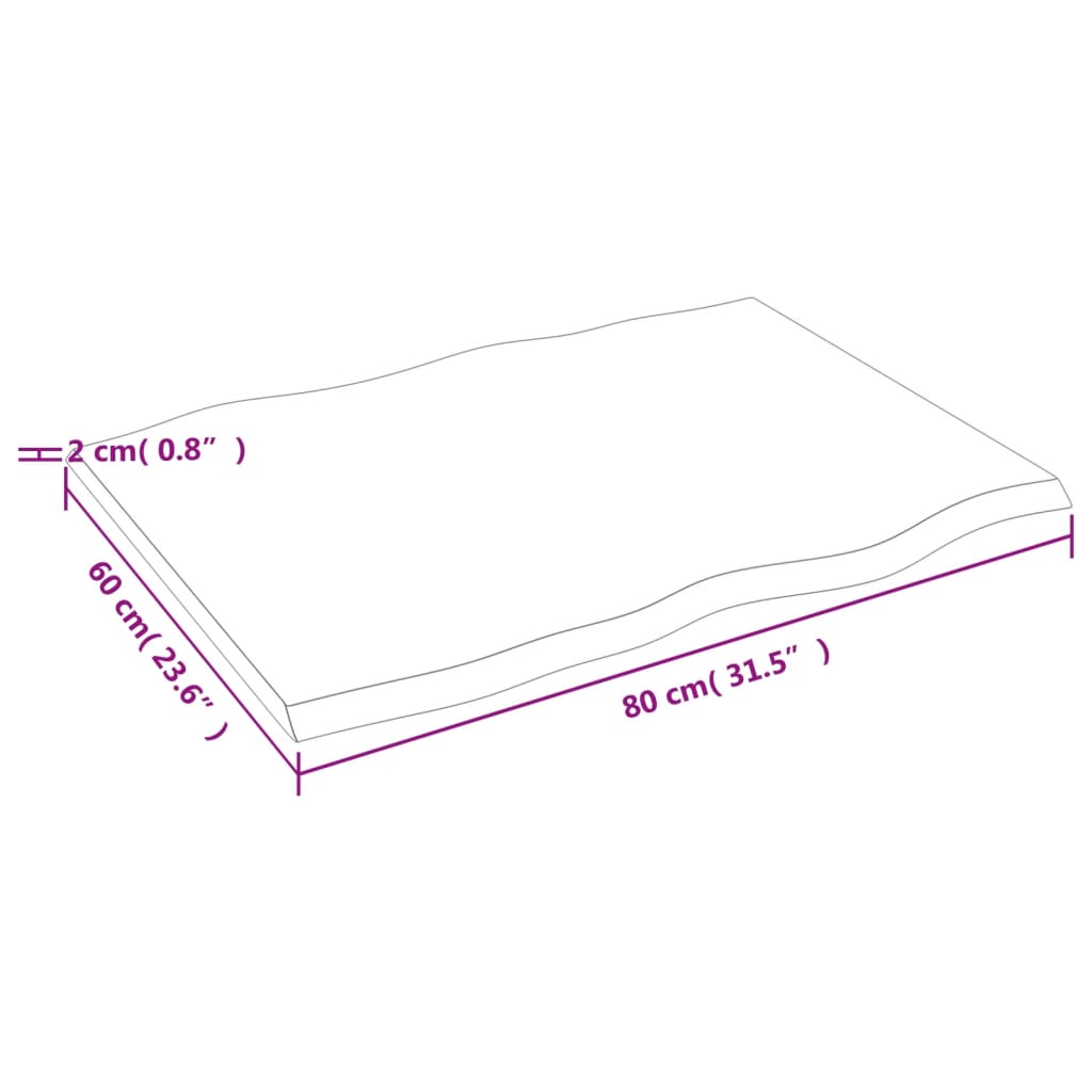 bordplade 80x60x2 cm naturlig kant ubehandlet massivt egetræ