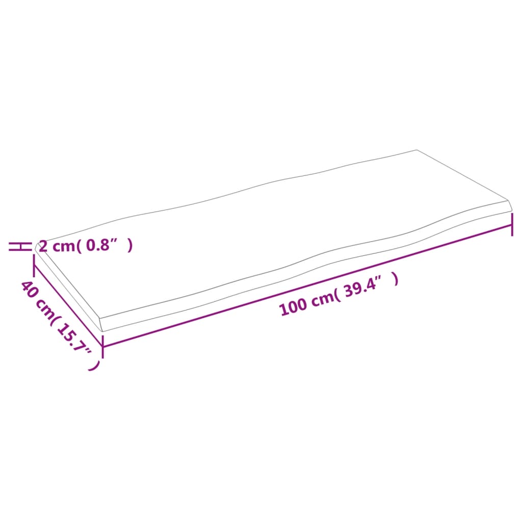 bordplade 100x40x2 cm naturlig kant ubehandlet massivt egetræ