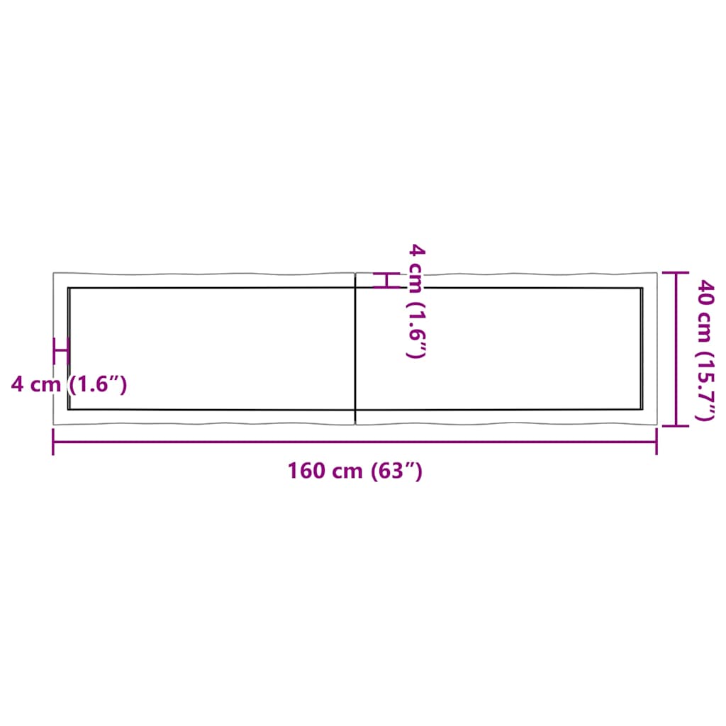 bordplade 160x40x(2-4) cm naturlig kant behandlet træ mørkebrun