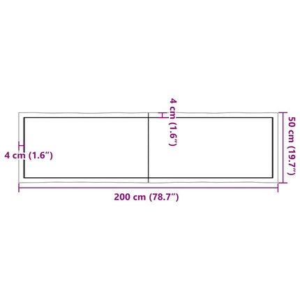 bordplade 200x50x(2-6) cm naturlig kant behandlet træ mørkebrun