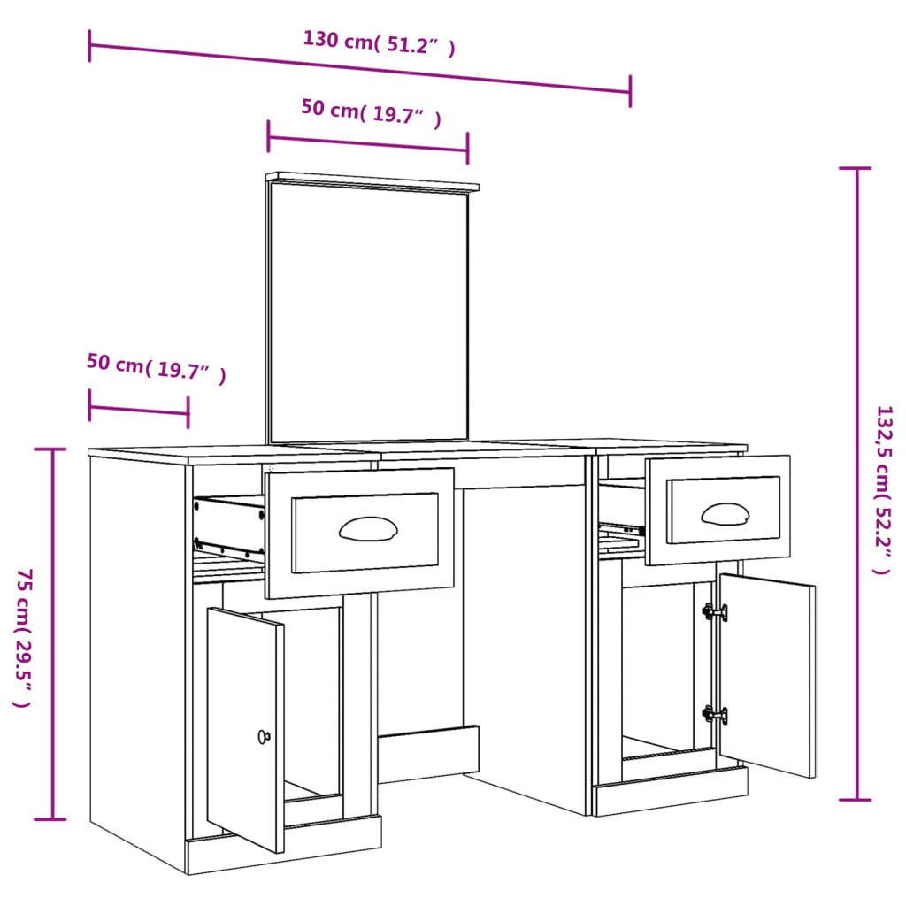 makeupbord med spejl 130x50x132,5 cm brun sonoma-eg