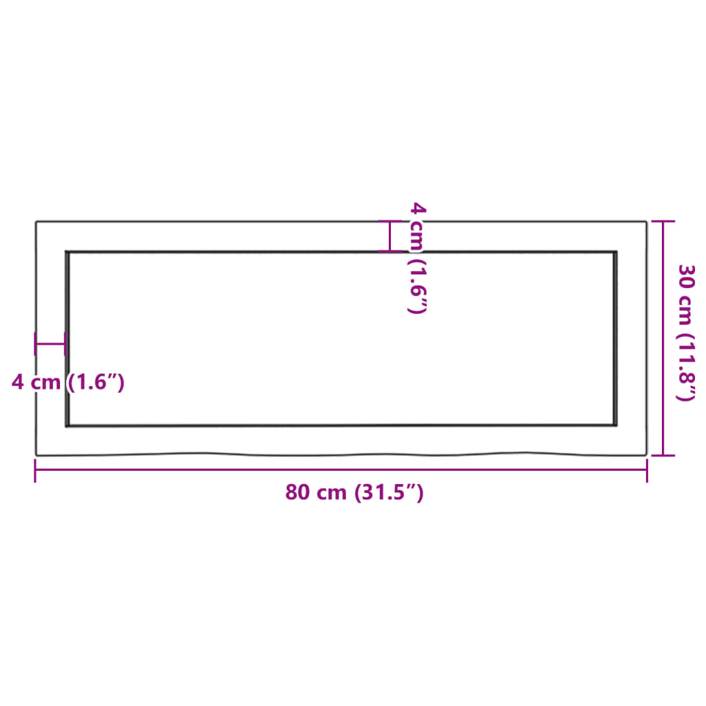 bordplade til badeværelse 80x30x(2-4) cm massivt træ ubehandlet