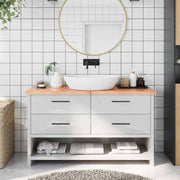bordplade til badeværelse 140x30x(2-4) cm massivt træ lysebrun