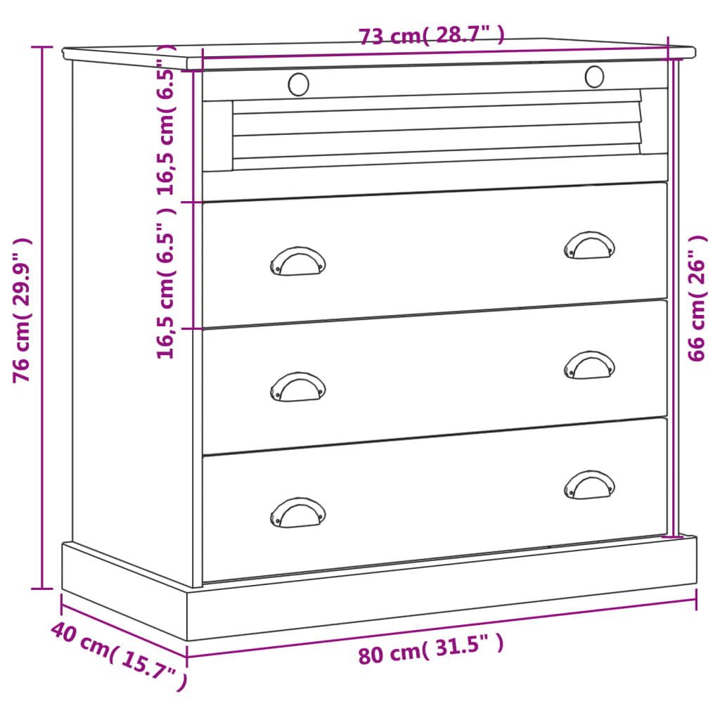 kommode VIGO 80x40x76 cm massivt fyrretræ hvid